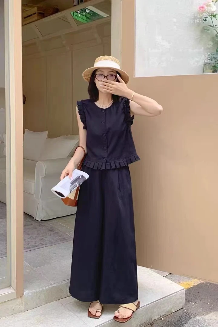 韩系贵气感时尚无袖短上衣休闲阔腿裤两件套棉麻套装女2025夏