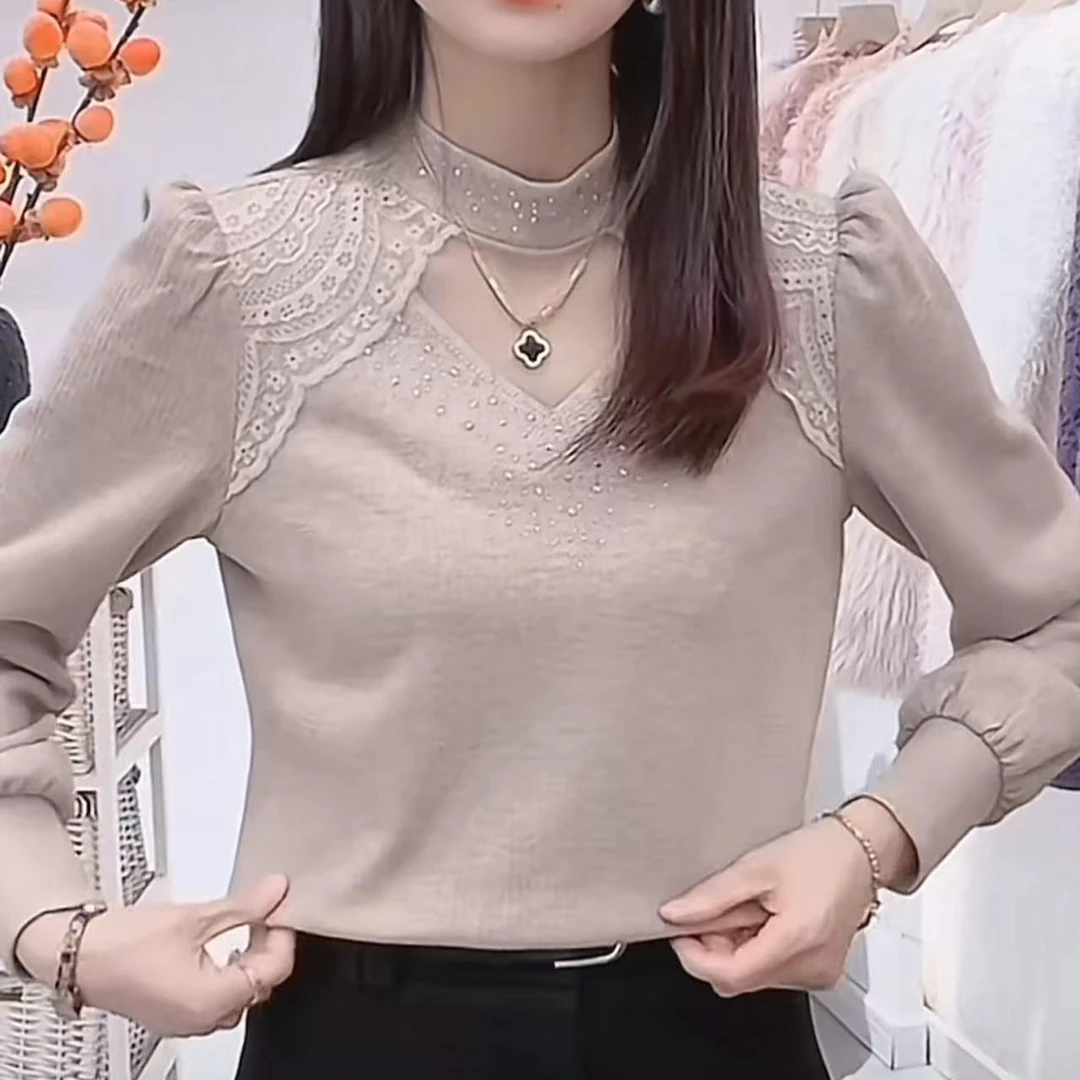静奢风极简风纯色长袖蕾丝打底衫加绒时尚秋冬洋气内搭百搭