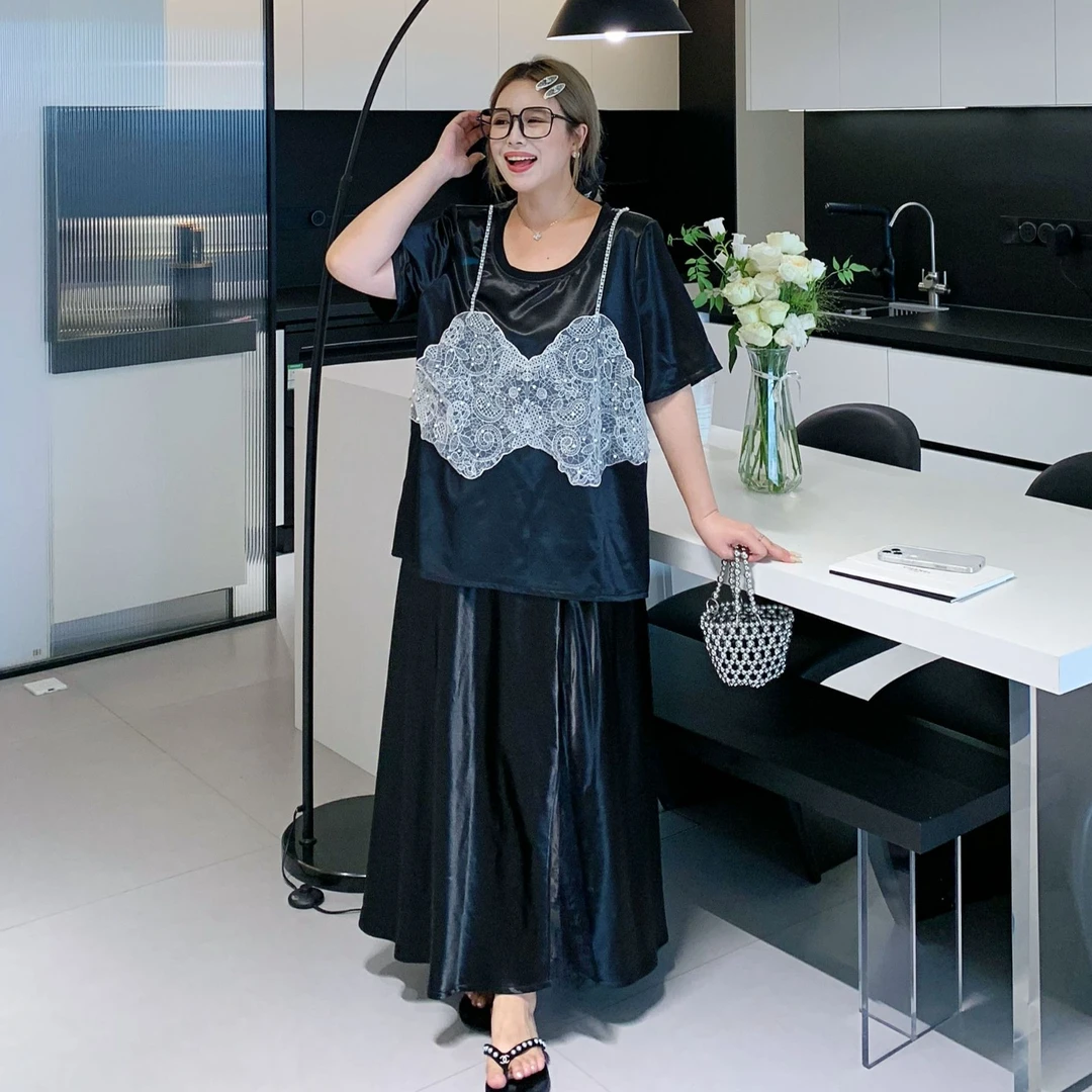 媛子大码时髦气质套装重工假两件上衣+遮肉半裙静奢风穿搭两件套