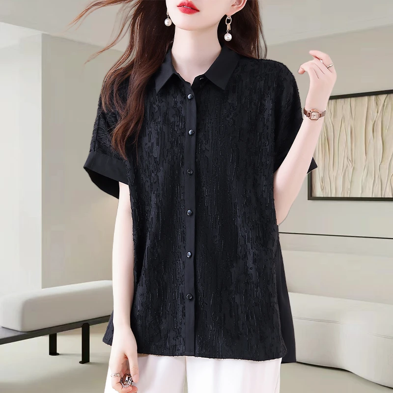 黑色翻领提花短袖衬衫女士2025夏季新款时尚减龄宽松显瘦气质上衣