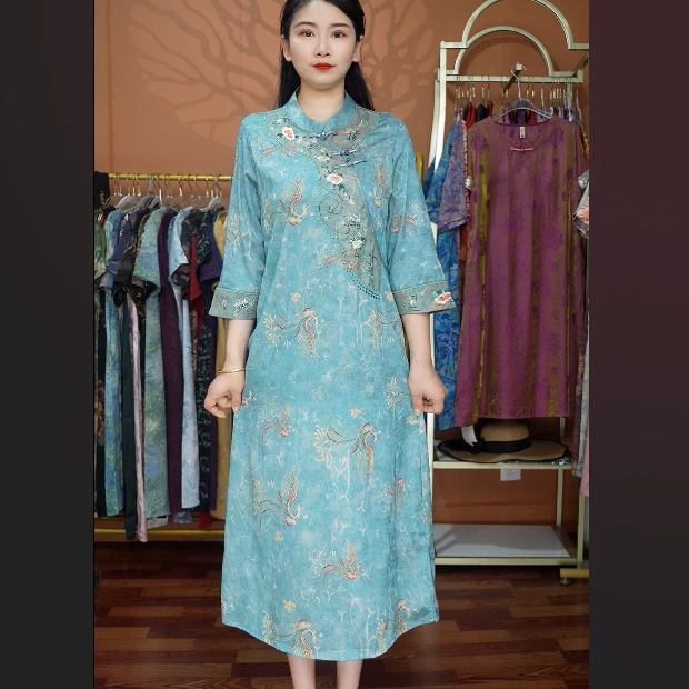 【蓝凤旗袍】2025夏季妈妈装气质中袖连衣裙洋气中老年女装宽松长裙