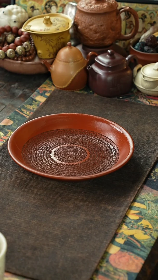朱泥刻绘藏文心经紫砂茶盘壶承20CM
