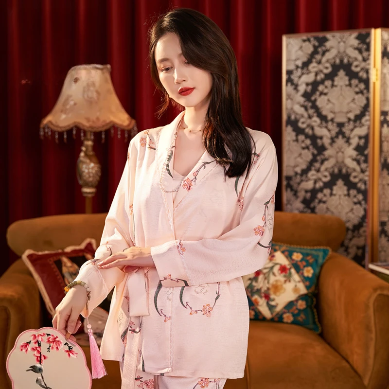 达芬奇密码国风提花三件套轻奢高定春秋薄款透气睡衣女家居服套装