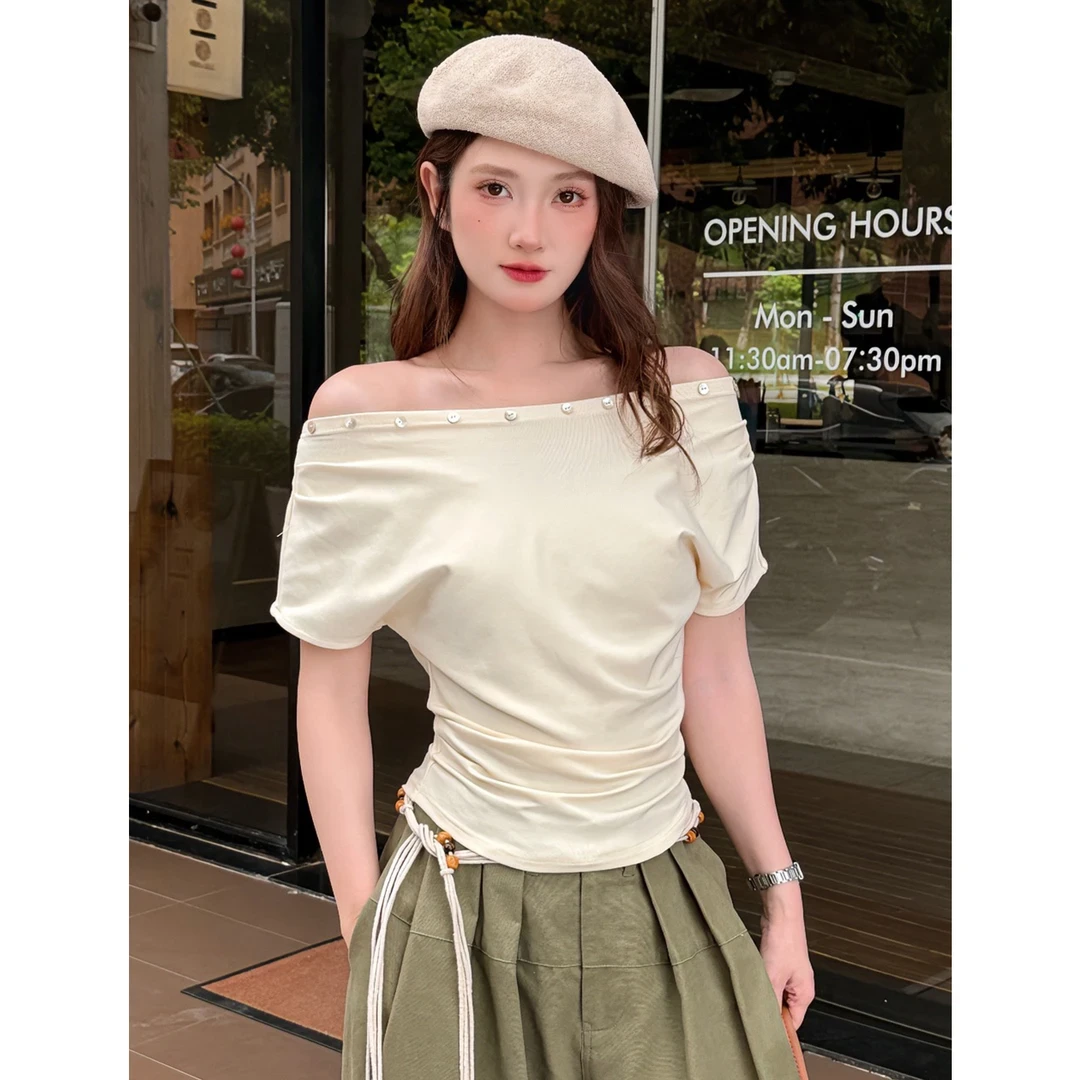 夏季三穿短袖修身显瘦斜肩T恤女气质百搭小众设计感拼接上衣