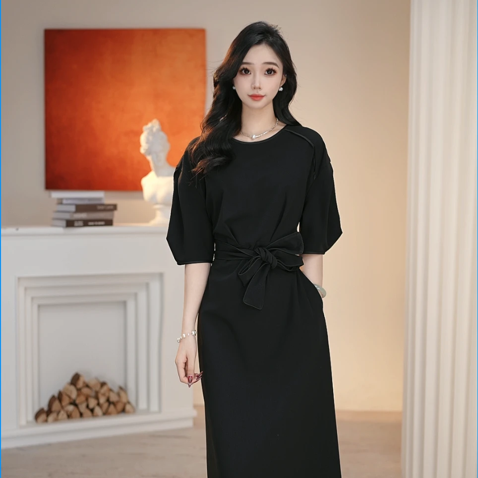 AMASS/阿玛施 夏季时尚洋装显瘦轻奢黑色修身复古连衣裙5500545