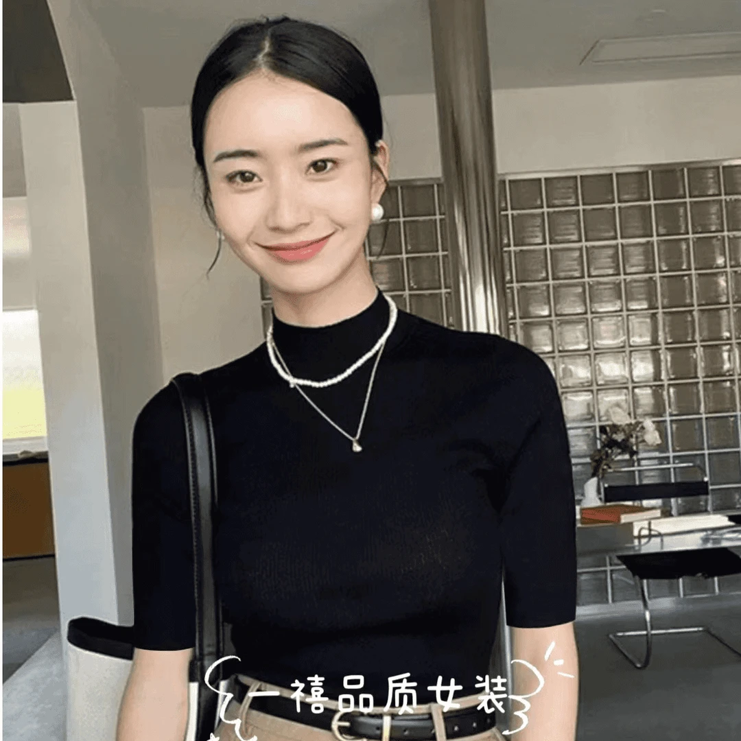 【赫.本风五分袖.】早春精纺法式女士半高领针织短袖百搭上衣打底衫