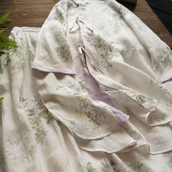 静家 新款苎麻紫色小花 系带上衣圆领中长盘扣9分袖+半裙套装