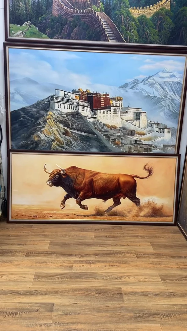 油画屠**年钟馗+牛   带框油画艺术玄关客厅办公室茶室版画装饰画