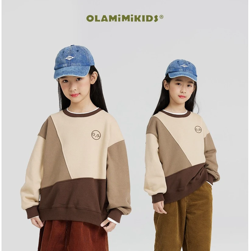 OLAMIMI定制秋 亲子 中性撞色复古刺绣宽松休闲圆领抓绒卫衣