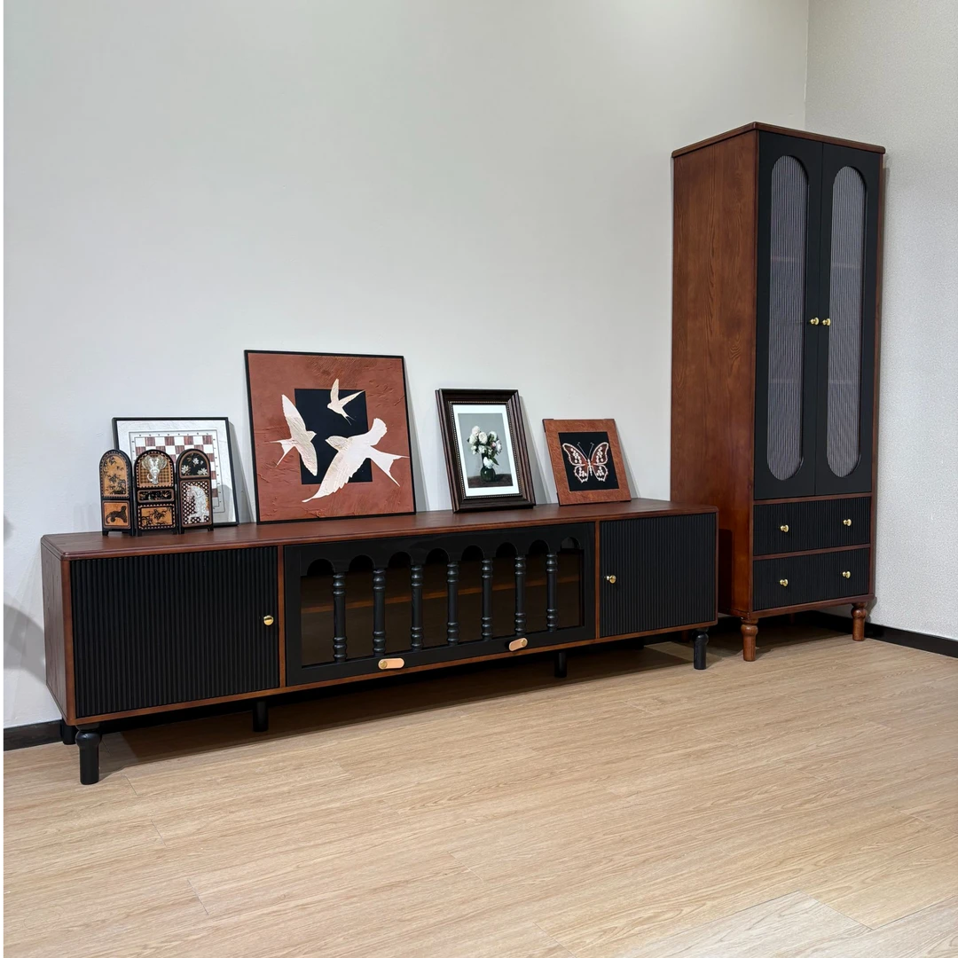 复古白蜡木全实木电视柜高低柜客厅组合收纳储物柜中古风家具