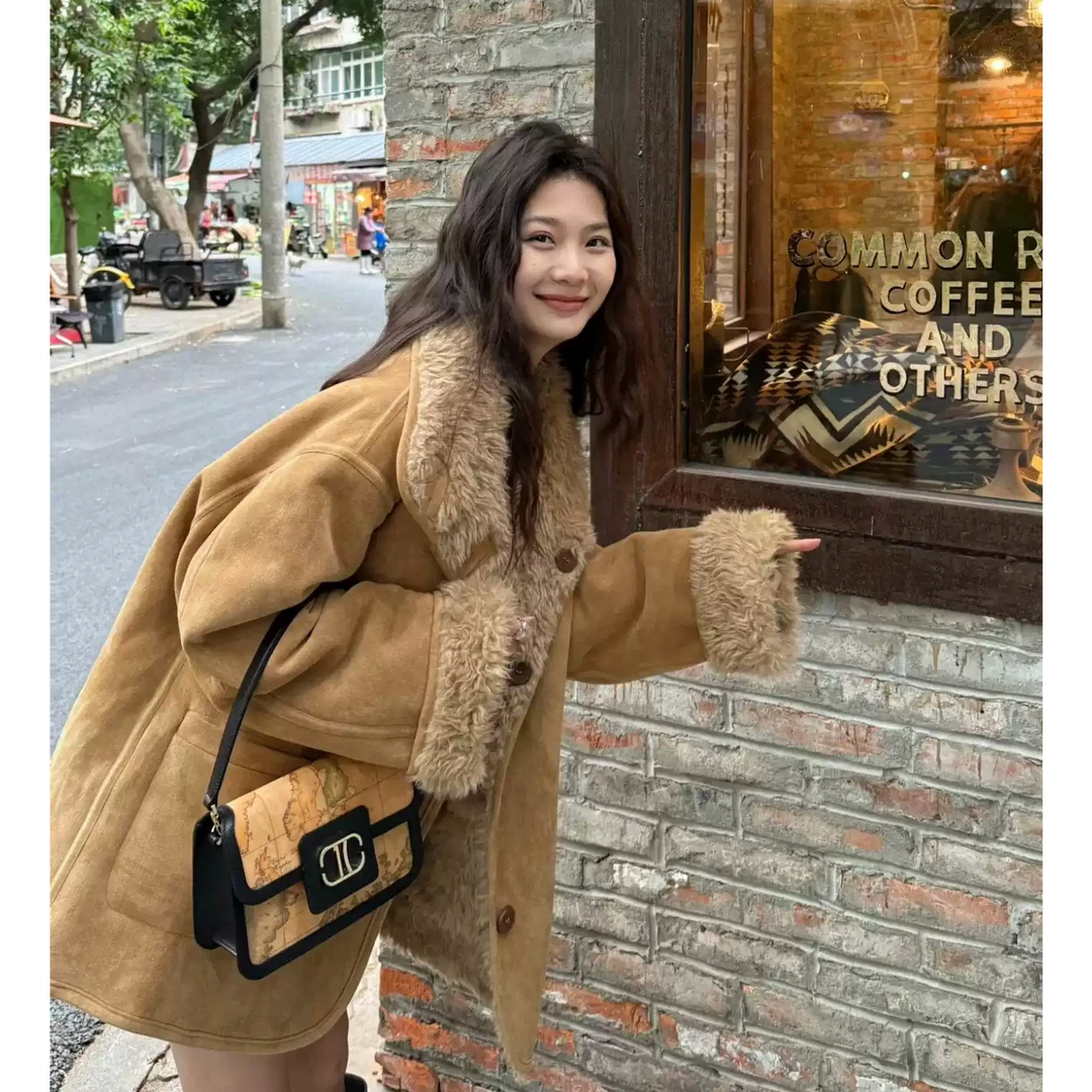 正反两穿小个子短款毛毛外套女冬季新款加绒加厚宽松麂皮机车服