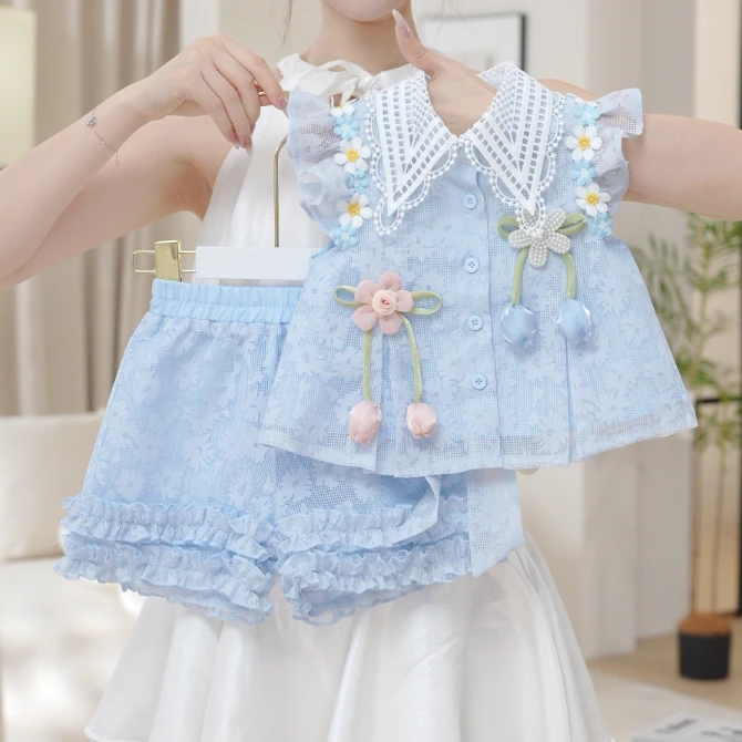 2025夏季新款女童时尚花朵郁金香无袖上衣短裤套装两件套SA30139