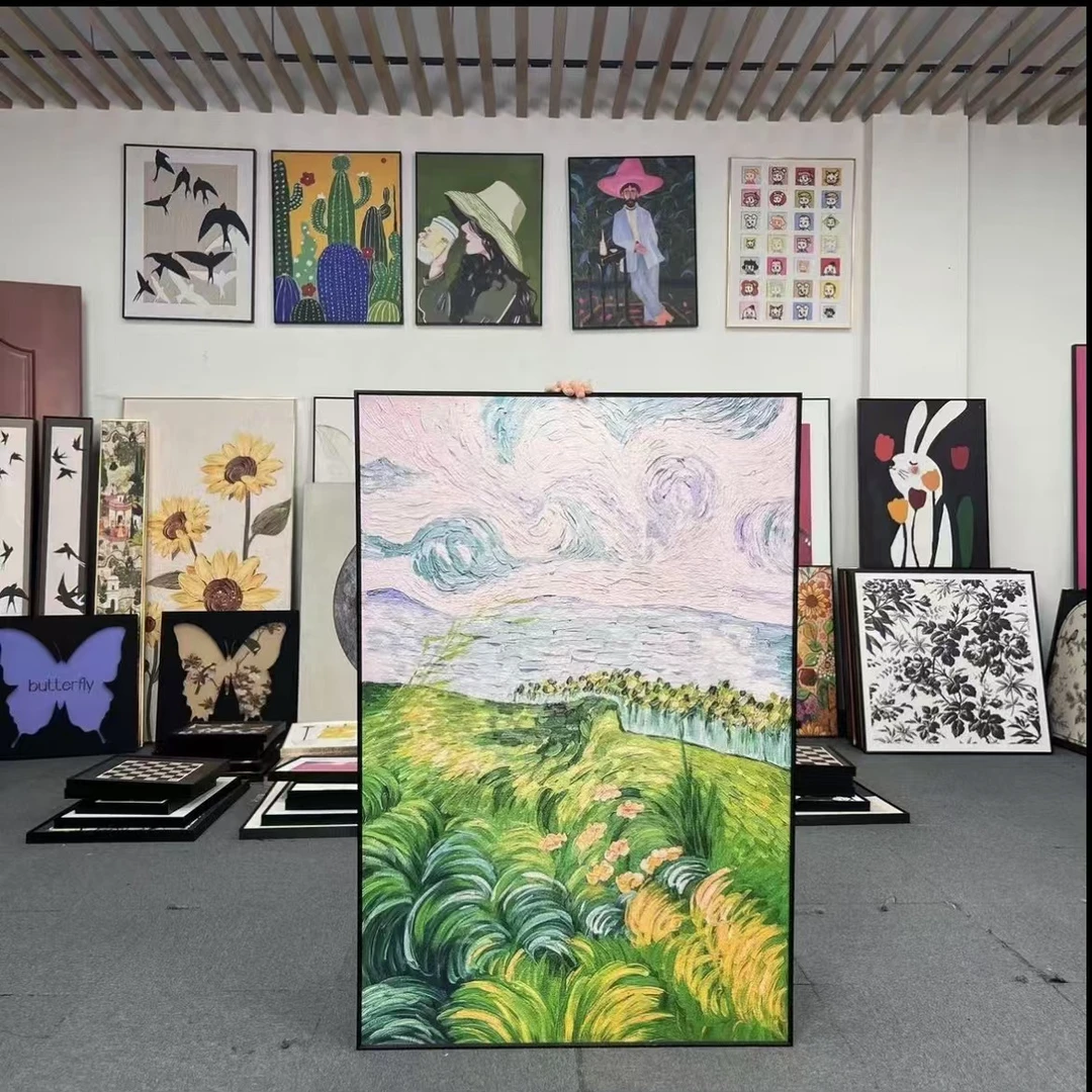 砂岩梵高绿色麦田现代简约风景装饰画玄关客厅沙发卧室80120