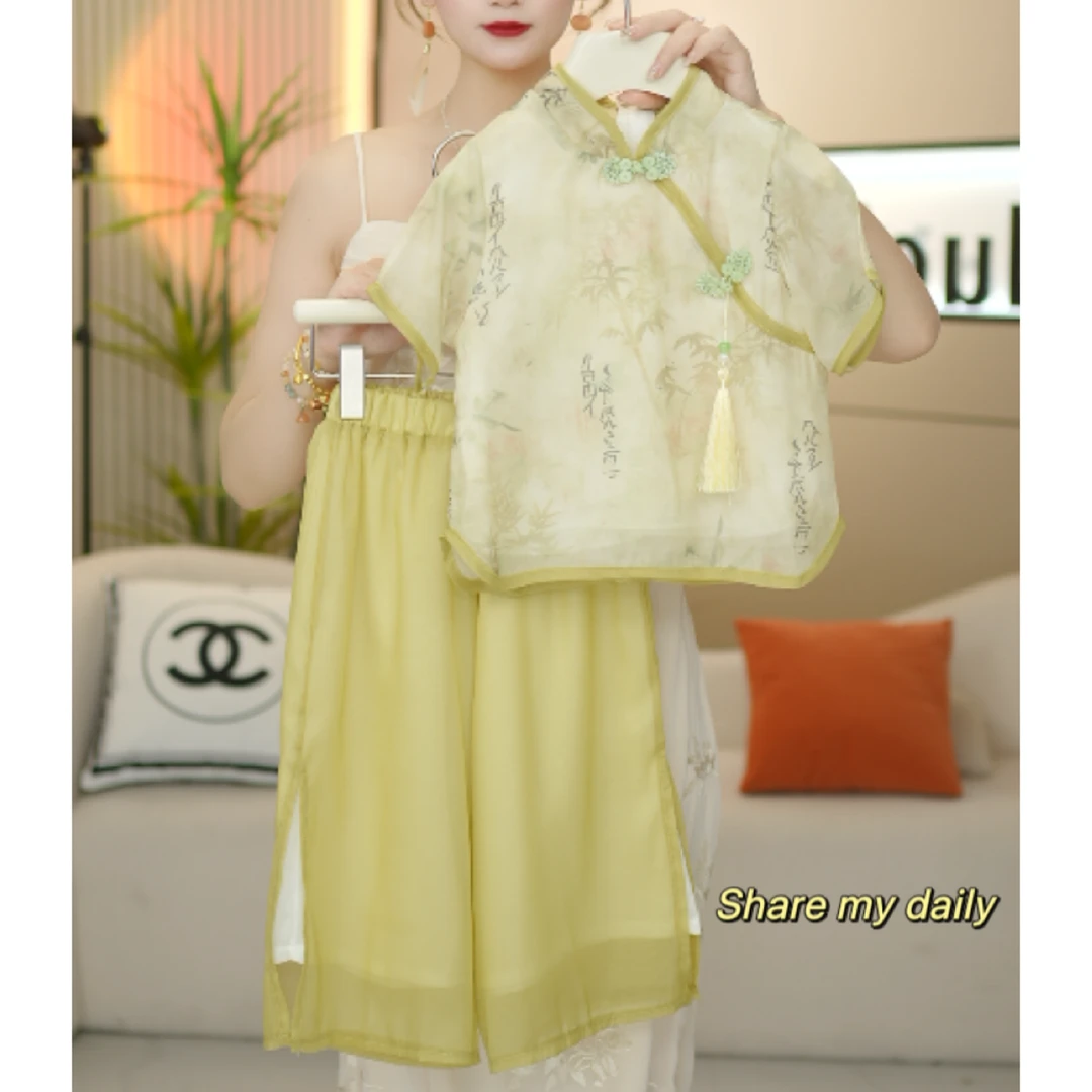 女童2025夏季新款韩新中式国风上衣+裤子两件套-6226