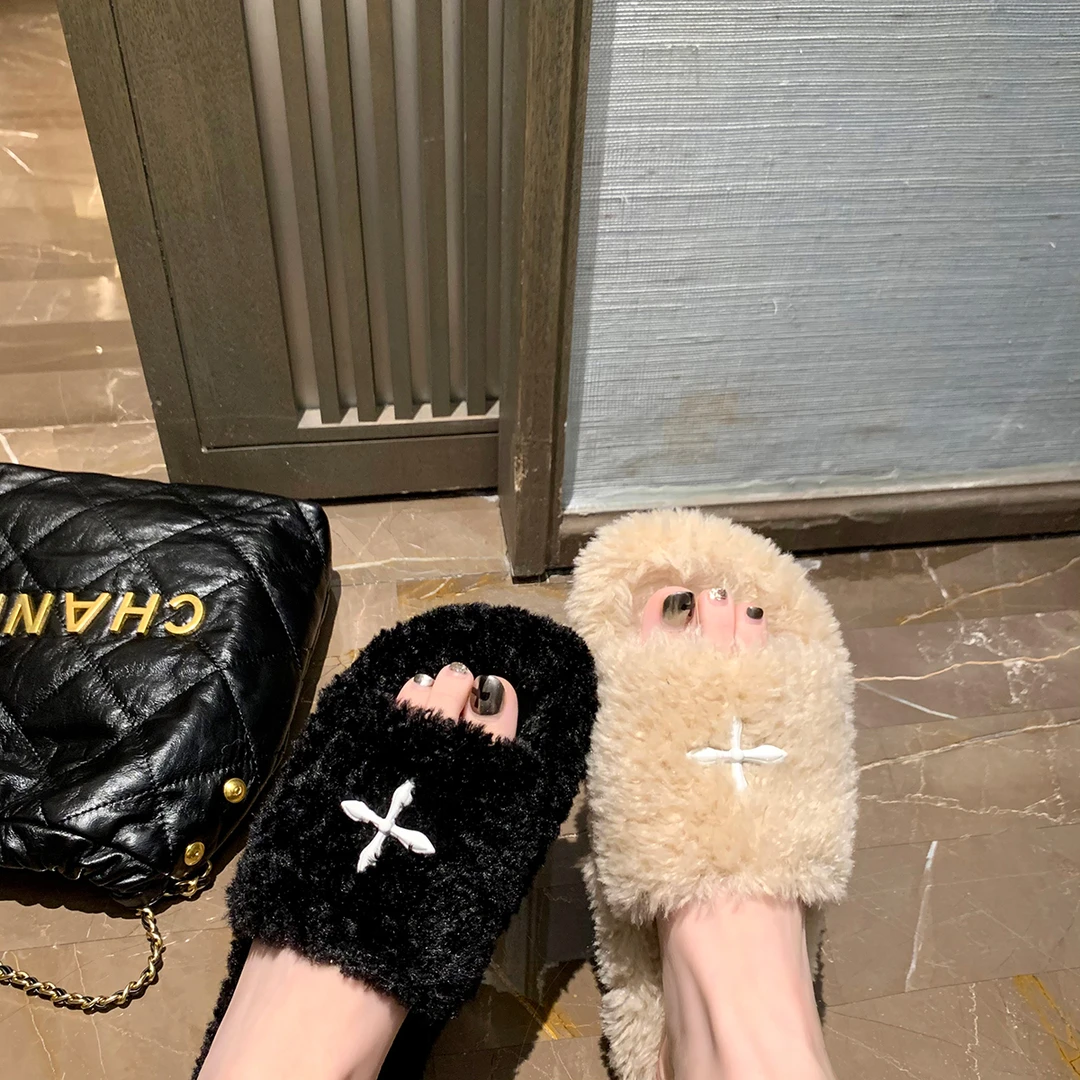 十字架厚底增高一字带秋季新款仙女毛毛拖鞋毛茸茸女外穿