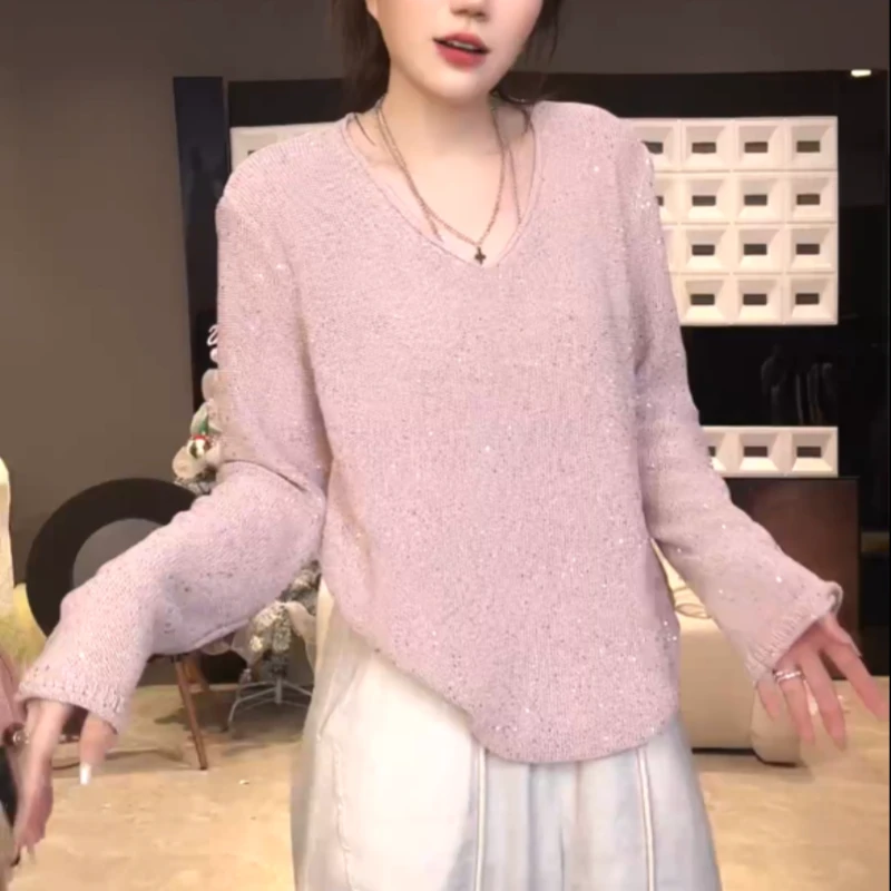 【银河星沙】时尚V领亮片上衣针织衫女慵懒长袖毛衣洋气衣服女