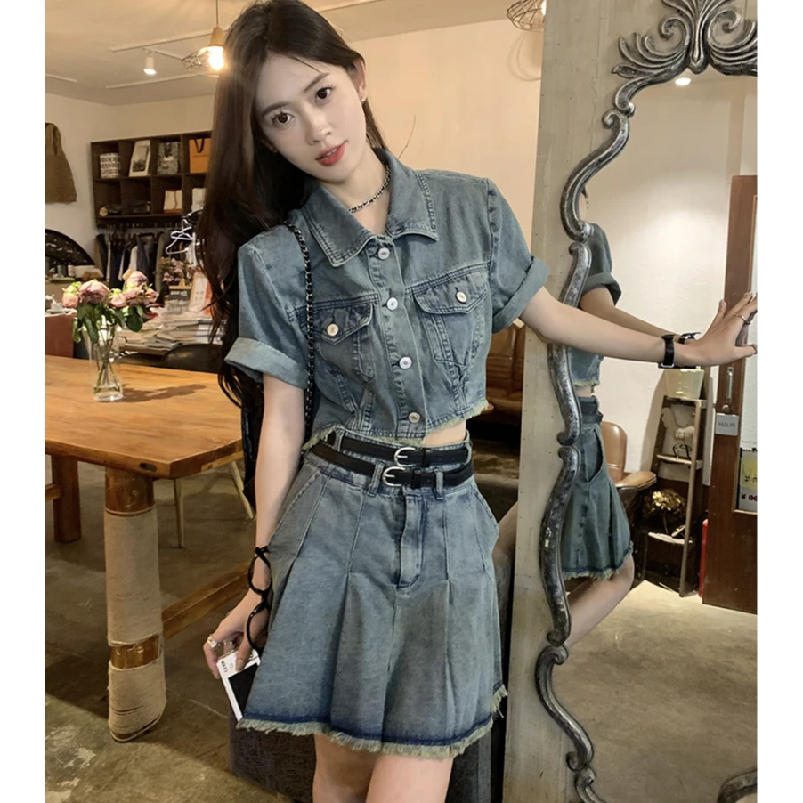 【璇子】大码女装港风复古毛边牛仔外套甜辣短款上衣高腰半身裙套装