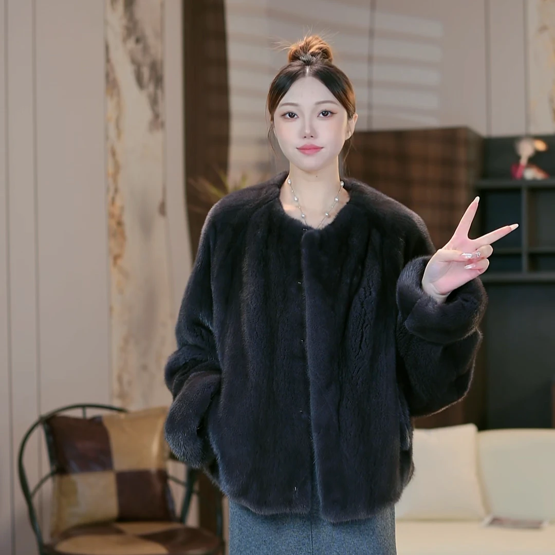 “绯闻女友”整貂天鹅绒貂皮大衣时尚款圆领挽袖水貂皮草外套女-716