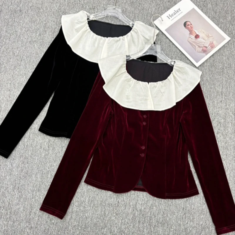 261008 拼接撞色丝绒衬衫上衣