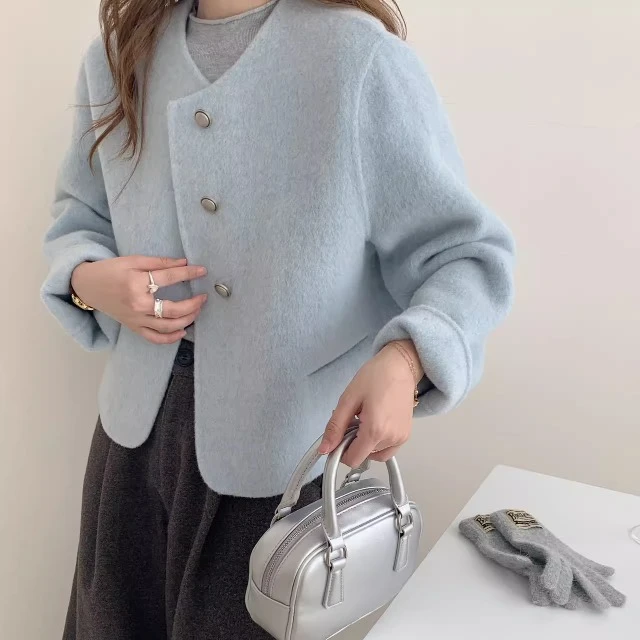 【2502】新款双面绵羊毛大衣女短款简约宽松舒适金属扣子呢子外套-2