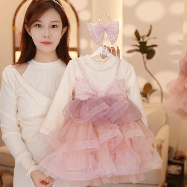 【Y.a4264】24新款女童洋气亮片拼接网纱蛋糕公主裙秋冬甜美连衣裙