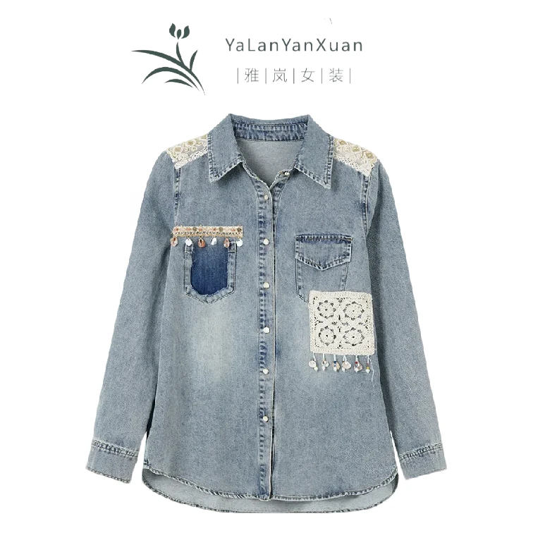 【雅岚女装】时尚拼接牛仔衬衫外套女春秋新款欧货上衣洋气大码衬衣
