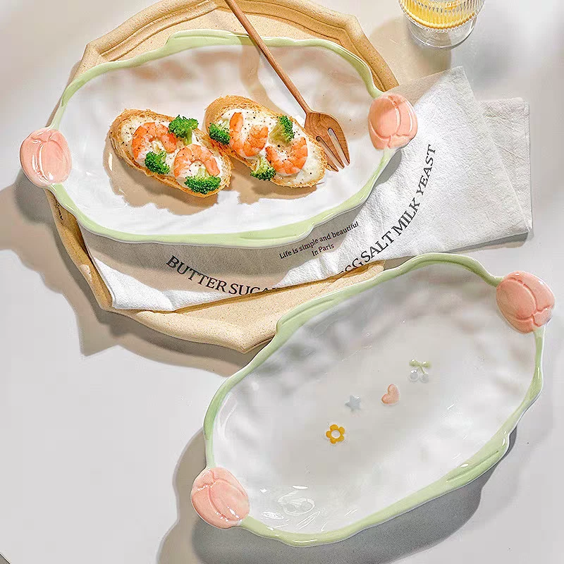 双耳陶瓷鱼盘家用2025新款高级感釉下彩大号蒸鱼盘子长方餐具菜盘