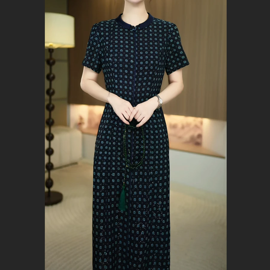 【暖晴川】夏季新款新款新中式中长款复古风气质连衣裙