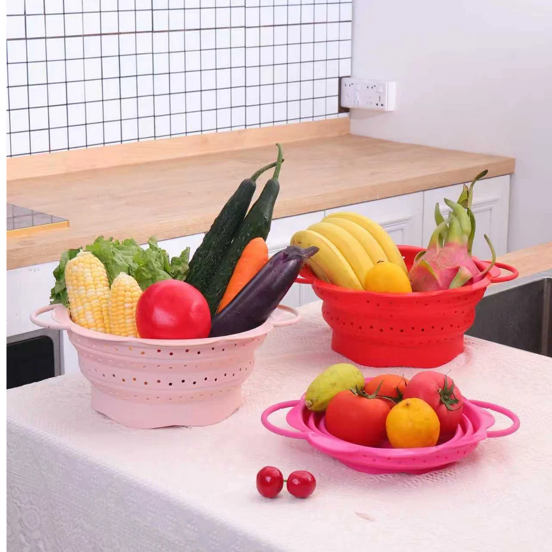 mamelou/萌珞折叠硅胶沥水篮耐高温家用厨房洗蔬菜水果篮伸缩果盆