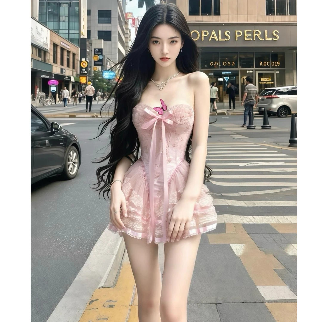 甜美法式芭蕾风蕾丝蝴蝶结抹胸连衣裙2025春夏新款收腰显瘦公主裙