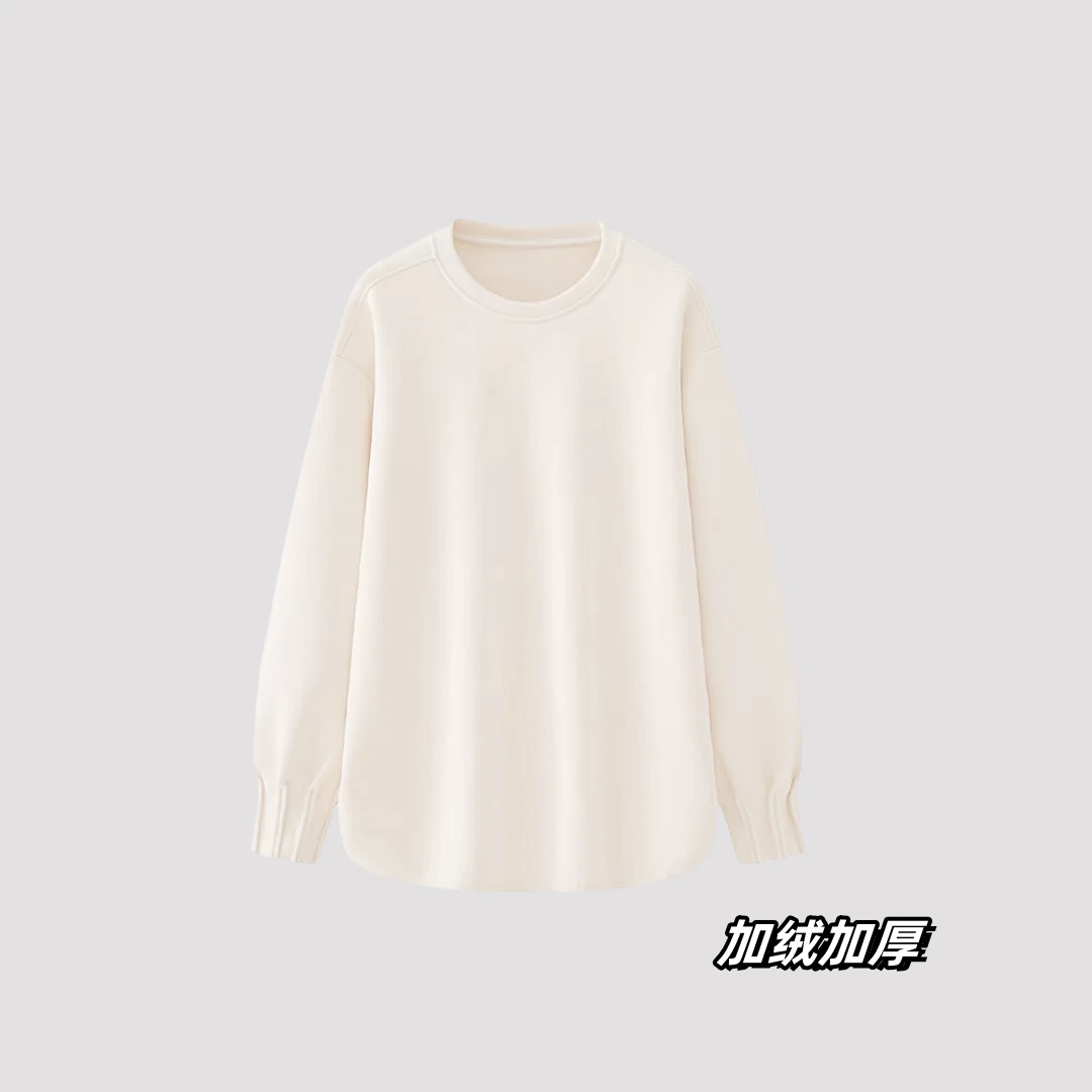加绒加厚【褶子袖】宽松卫衣圆领白色纯色百搭休闲小标圆摆简约