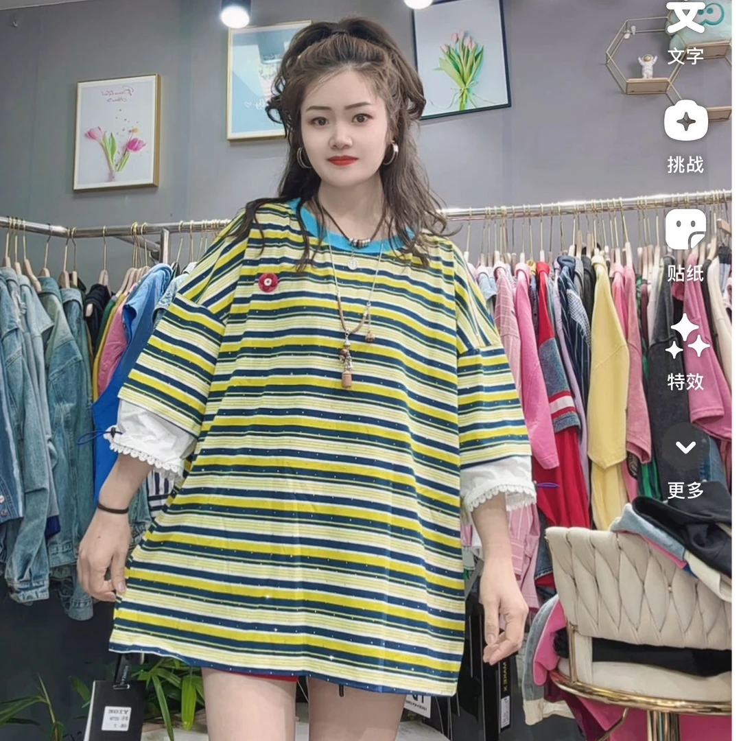 LY家9373#D.X 条纹蕾丝花边拼接休闲百搭宽松T恤