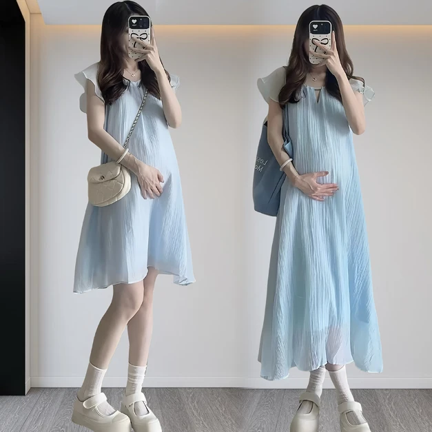 孕妇装夏季连衣裙小个子宽松大码遮肉显瘦时尚夏天薄款中长款裙子