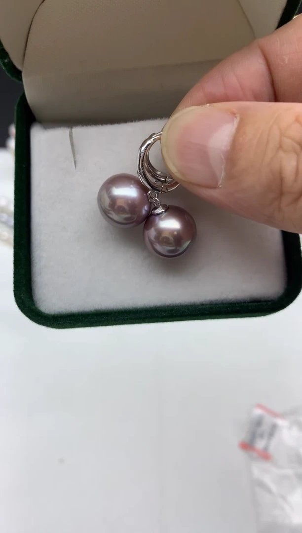 银S925镶嵌ff淡水珍珠紫珠耳饰