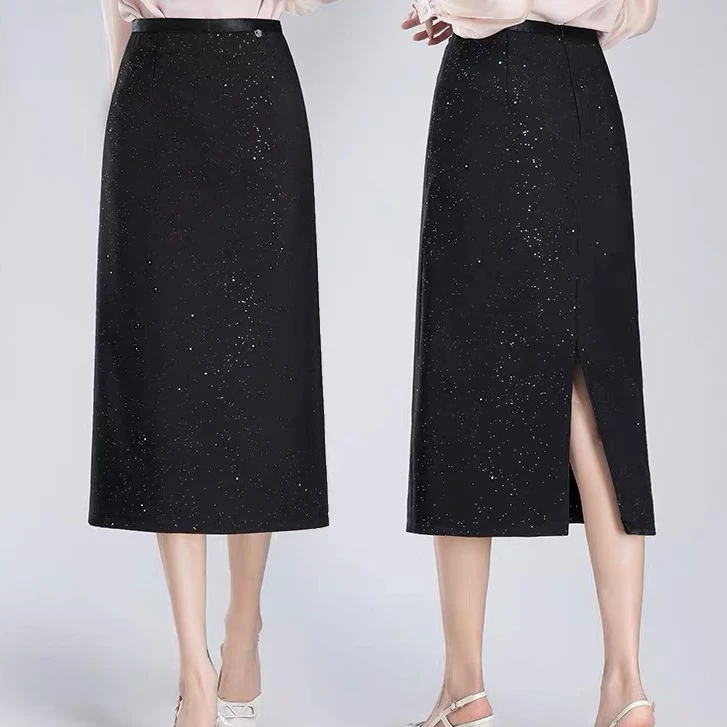 6811#黑色亮片半身裙女春季新款a字裙中长款时尚西装直筒包臀裙