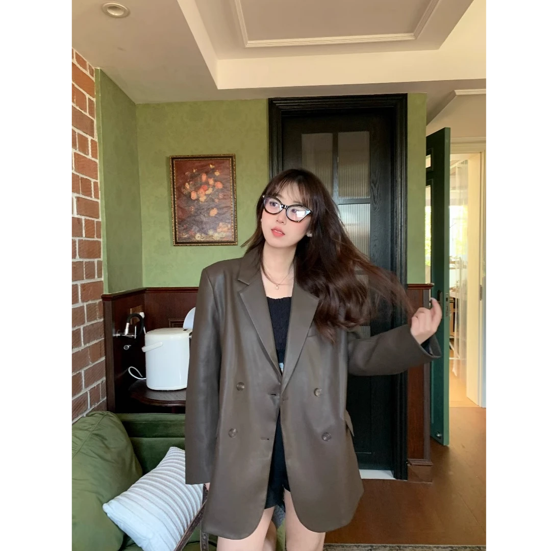 中长款皮衣西装外套女设计感小众秋冬新款高级感炸街宽松休闲西服
