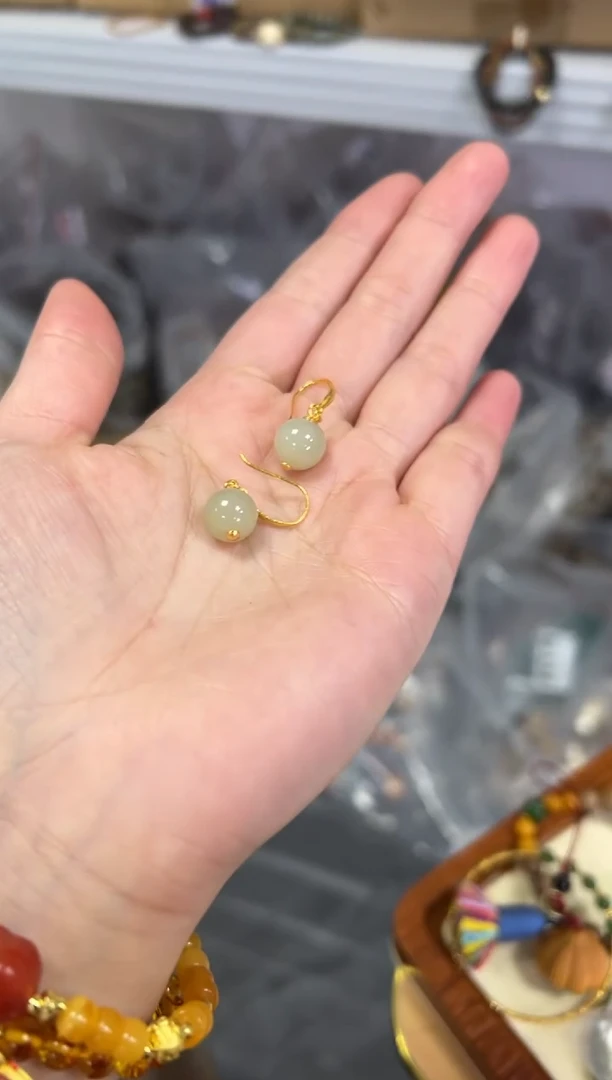 【闪购商品】和田玉耳饰银S925镶嵌和田玉圆珠银耳钩[2978]