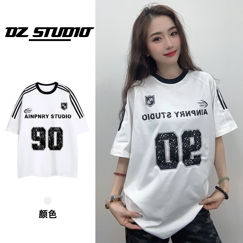 复古美式百搭宽松港风三条杠短袖t恤韩版潮休闲上衣圆领时尚夏季