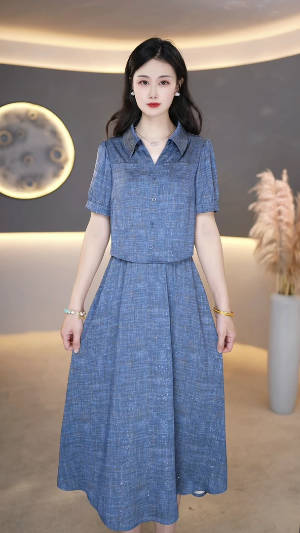 夏季816新款气质百搭减龄显瘦中长款假两件连衣裙女