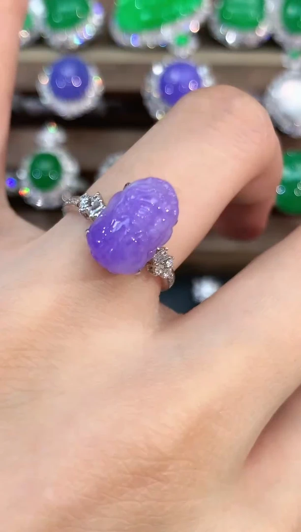 翡翠戒指18K金镶嵌w111紫货有色差