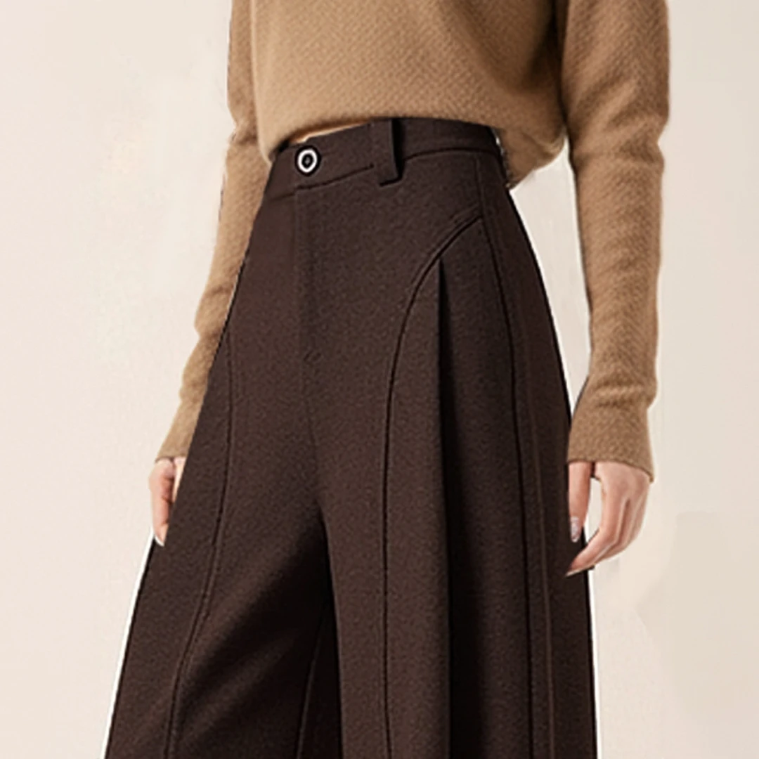 拉夏贝尔美拉德棕色毛呢阔腿弯刀裤秋冬2025新款加厚遮肉贝斯裤