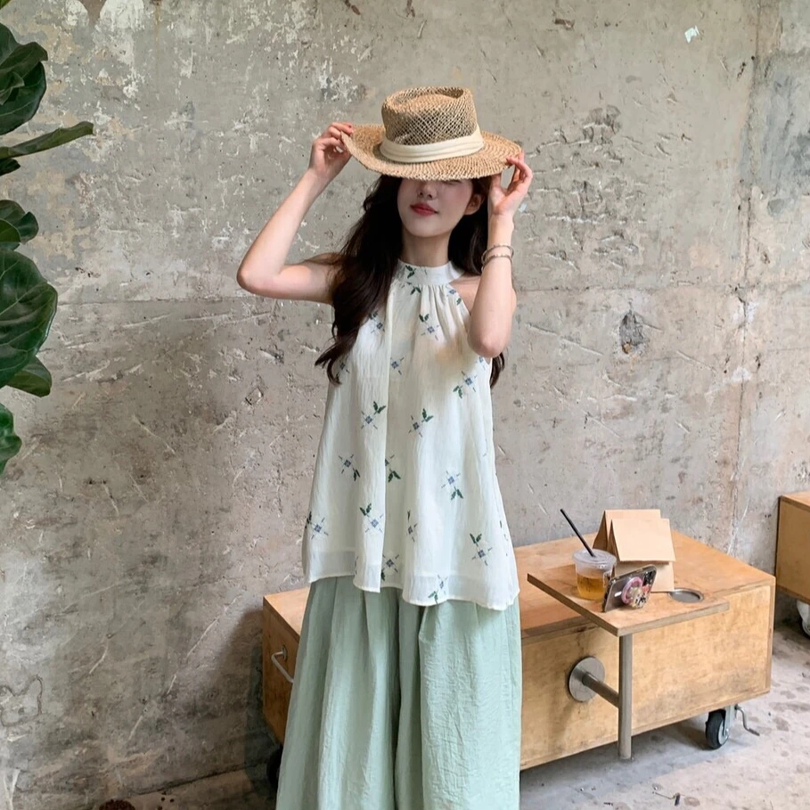 JIAHUI韩版气质小清新套装碎花吊带背心上衣女装夏季休闲裤两件套