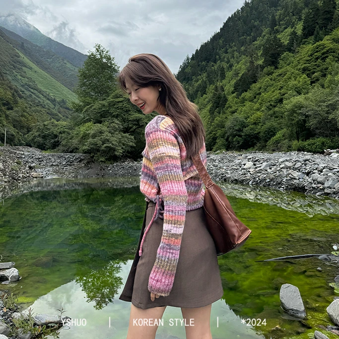 YSHUO【彩虹撞星空】气质秋季彩色条纹侧绑绳百搭显瘦上衣  24517