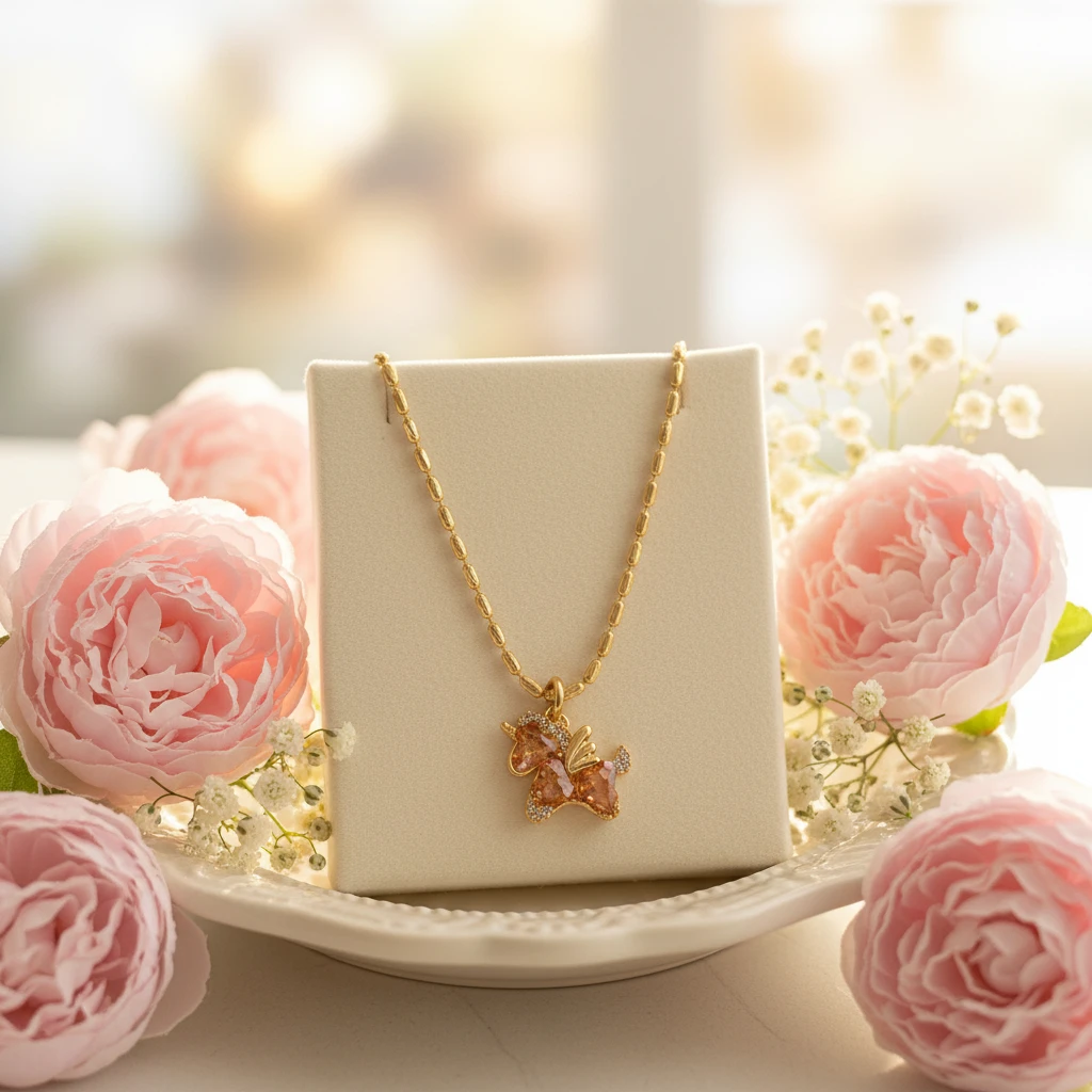 钛钢项链 金色小马吊坠项链高级感独角兽项链