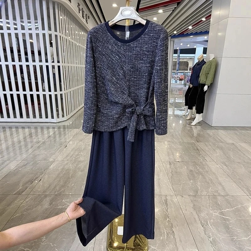 年轻妈妈装长袖上衣阔腿裤两件套秋装新款洋气高贵中老年时尚套装