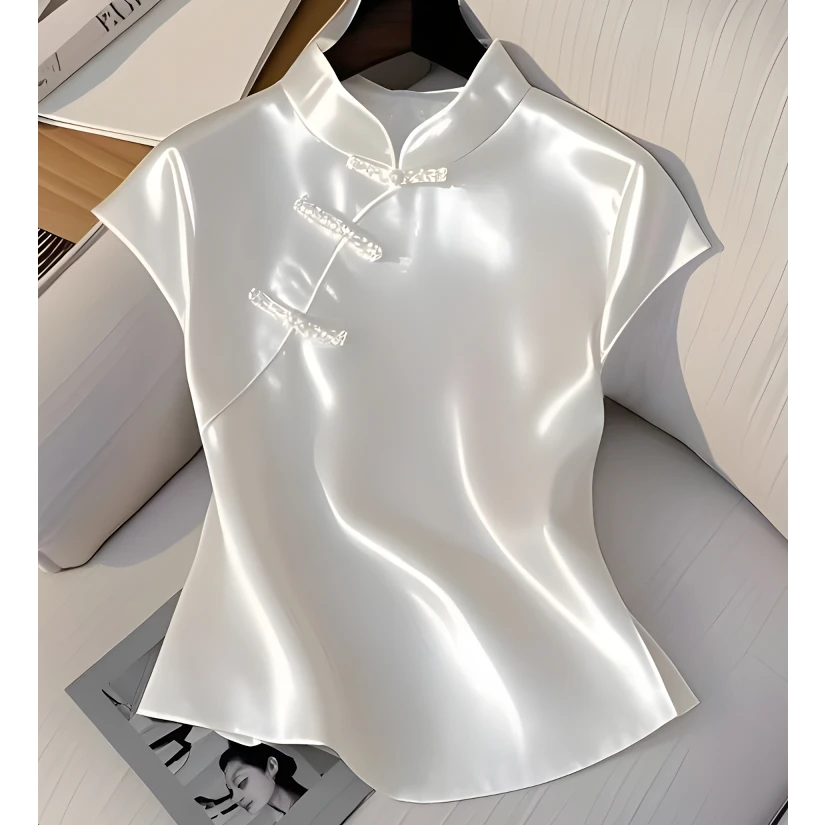 新中式国风女装改良旗袍无袖盘扣上衣不规则设计感衬衫女夏季新款