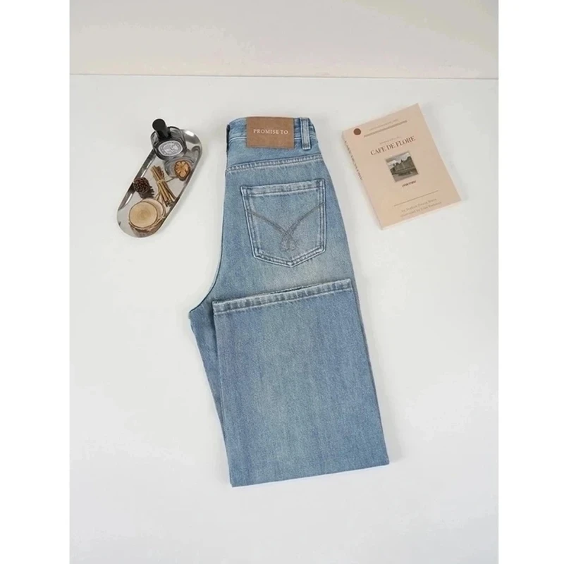夏【现货+运费险】春夏新款雾霾蓝窄版阔腿高腰垂坠直筒牛仔裤女