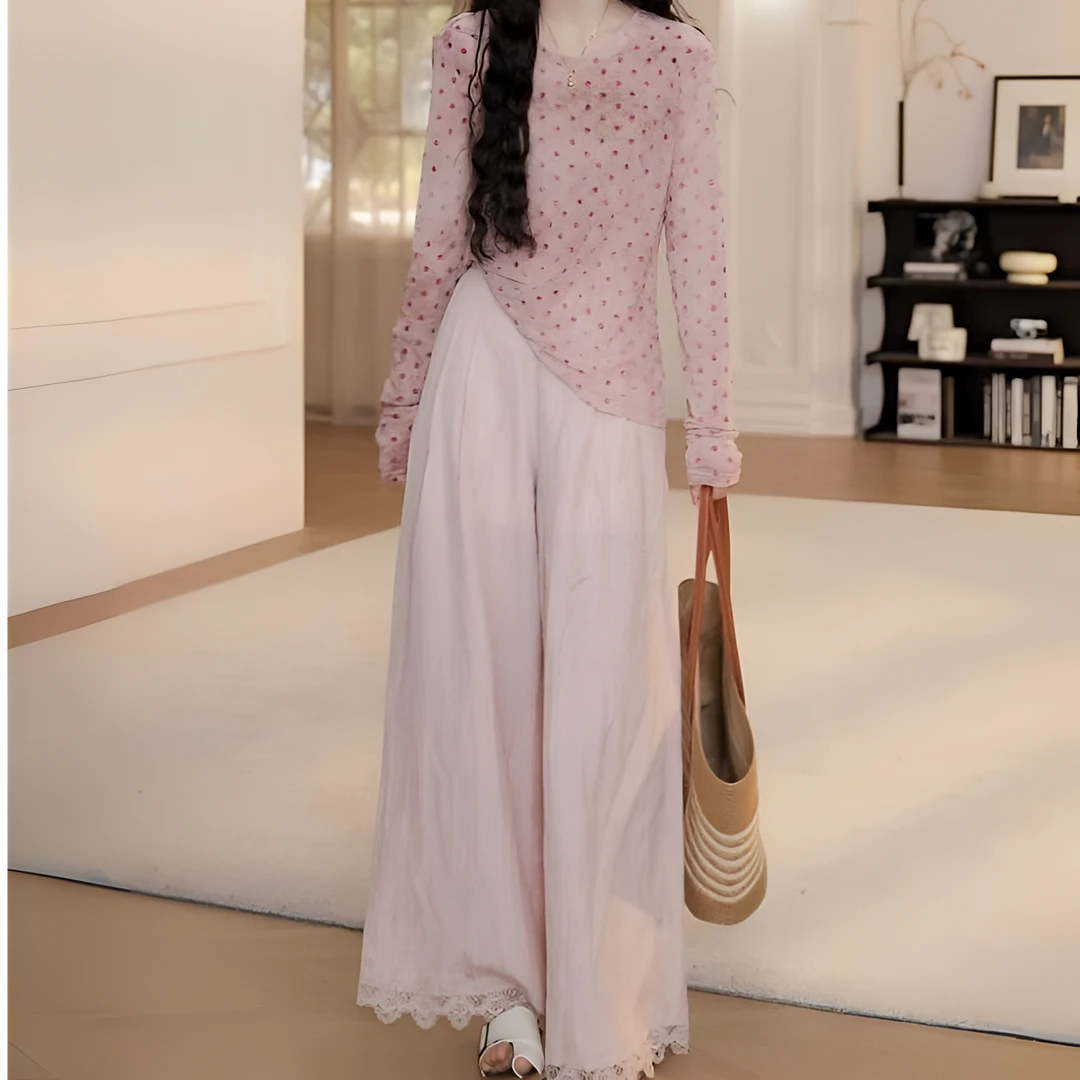 夏季波点收腰长袖防晒T恤上衣显瘦直筒裤气质套装女时尚洋气春夏