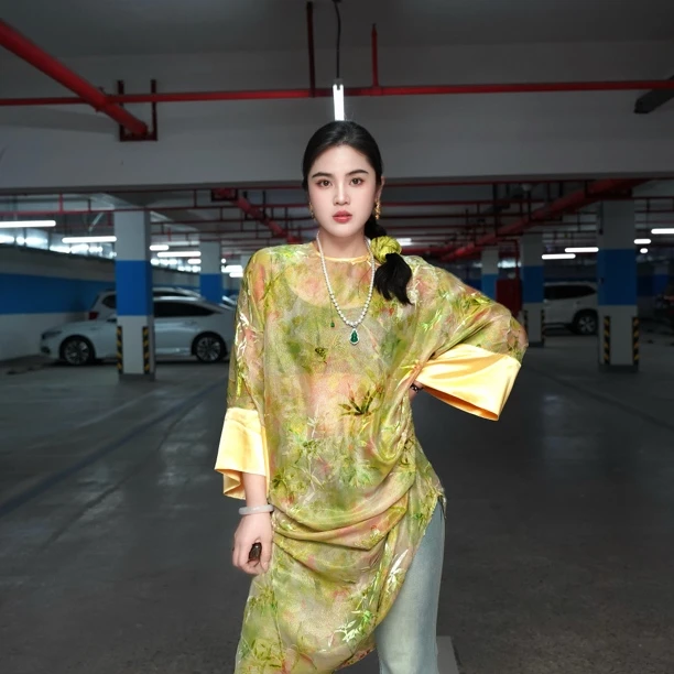 花汀堂·手工定制进口真丝丝绒烧花新中式旗袍裙·绿茵