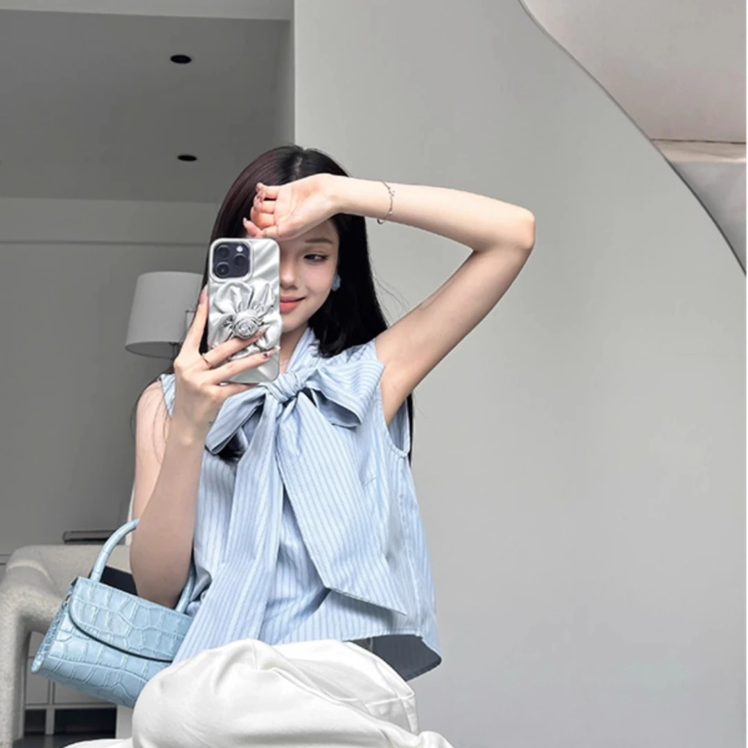 韩系设计感蝴蝶结蓝色条纹衬衫上衣女夏季2025新款小衫无袖小背心